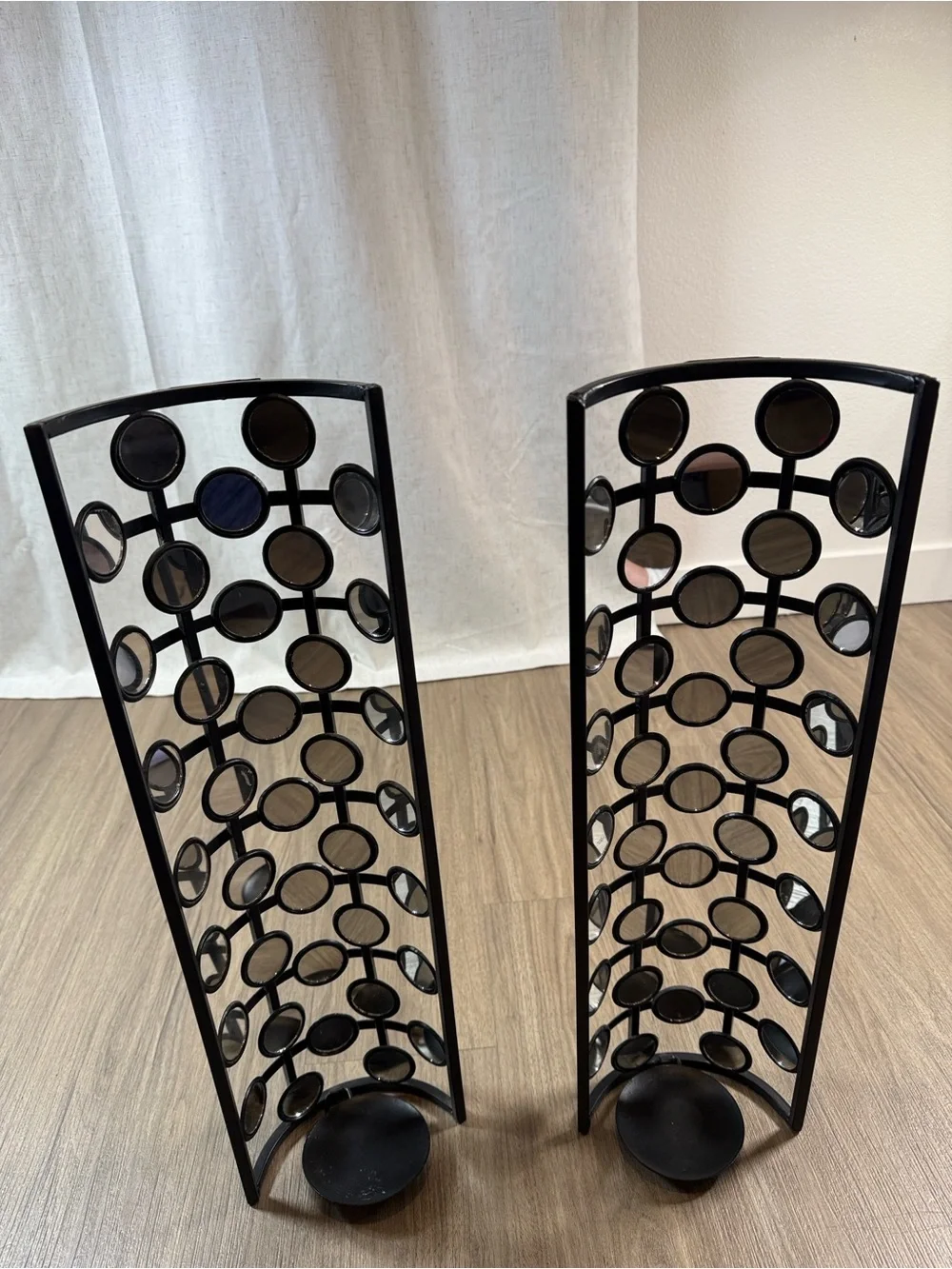 Black Metal &  Circle Mirror Frame Candle Holders - Pair